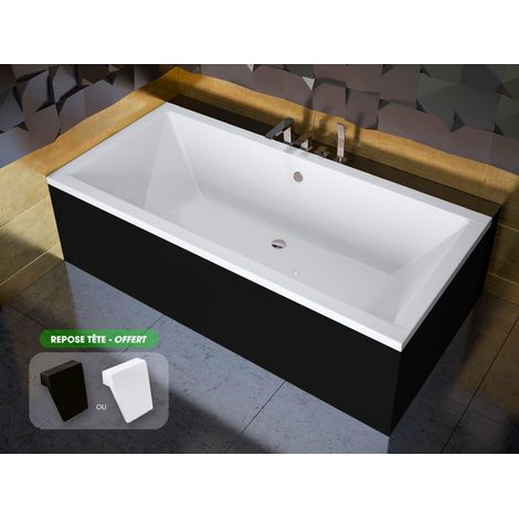 Baignoire rectangulaire - avec Tablier Noir Mat et Repose Tête OFFERT QUADRO 170x75 (1/5)