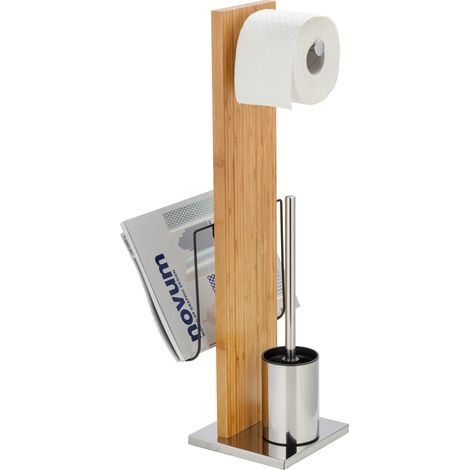 Wenko – Serviteur WC 3 en 1 en bambou – Porte-rouleau et porte-journaux intégrés – Base en acier inoxydable – Dimensions 24x22x68 cm (1/7)