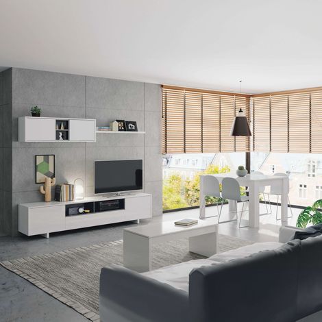 Pack Completo Muebles Salón Belus Color Blanco Comedor Estilo Moderno (mueble Modular + Mesa De Centro + Mesa Comedor)