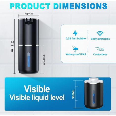 Dispenser automatico di sapone liquido, 380 ml, a parete, 4 velocità, regolabile, ricaricabile tramite USB, con sensore di movimento a infrarossi per bagno, cucina, ufficio. (1/4)