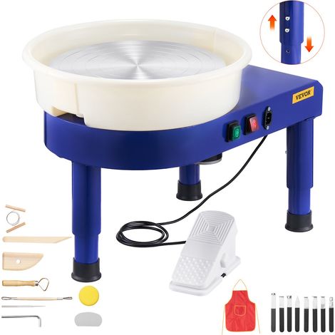 Tour de Potier 35 cm, Machine à Poterie, Vitesse Réglable 60 à 300 tr/min avec Pédale de Commande, Cuvette Amovible, Pied Réglable en Hauteur, Kit Complets pour DIY et Poterie à Maison, Bleu