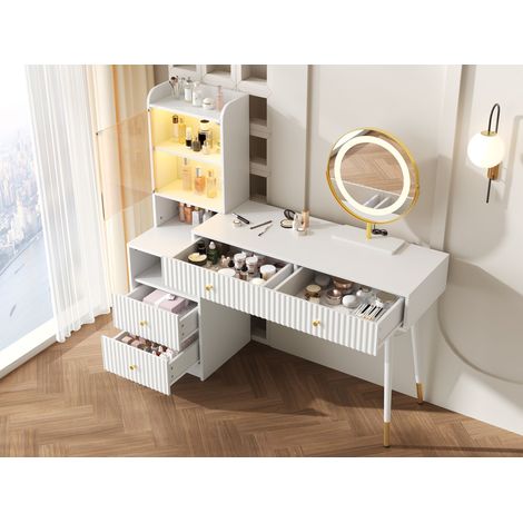 Coiffeuse, avec tiroirs, éclairage led, éléments en verre, 100 x 40 x 125 cm, panneaux de particules et verre, blanc (1/5)