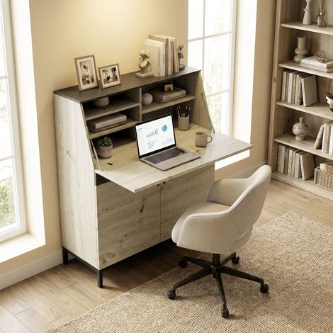 Bureau de secrétaire industriel avec étagères et cadre métallique 100 cm Bois naturel et noir (1/5)