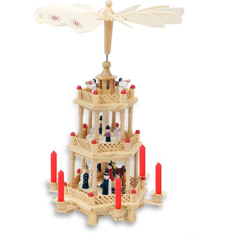 Holz Weihnachtspyramide 35 cm - 3-stöckig - Pyramide mit 2 sich drehenden Ebenen