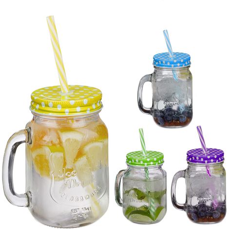 Jarres avec paille et couvercle, en lot de 4, volume : 500 ml, design rétro, verre avec anse, multicolore (1/5)
