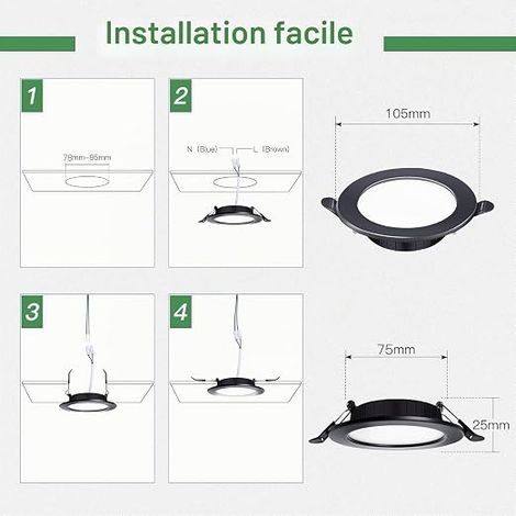 Spot LED Encastrable Extra Plat, Spot Etanche Salle de Bain, 7W 700 Lumen Spots Encastrés Blanc Froid 6000K, Trou 75-95mm, AC 220-240V (1/3)