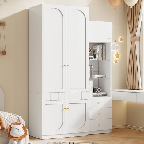 Kleiderschrank-Set aus MDF in Weiß, mit Kleiderstange, Schubladen und Regalfächern, 80x50x200 cm + 50x40x180 cm
