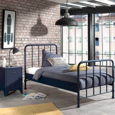 Lit Bronxx métal 90x200 (sommier incl.) avec table de chevet-bleu (1/4)
