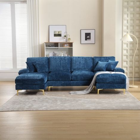 Grand canapé d'angle moderne en chenille en forme de U avec deux sièges inclinables, idéal pour le salon, la chambre, le bureau, l'appartement, la villa ou la maison près de la cheminée. (1/5)