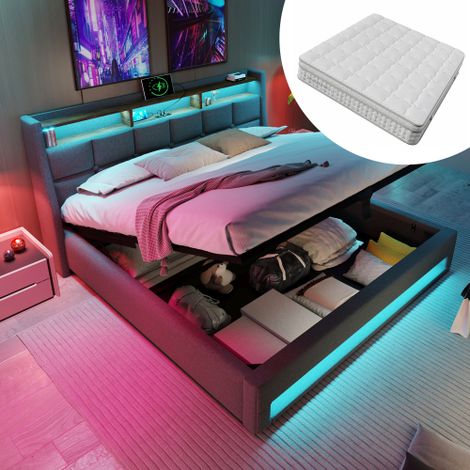 Cama tapizada con USB de 140x200cm, cama doble LED con somier de láminas de estructura metálica, estructura de cama de tela de lino, cama juvenil (con colchón) (1/5)