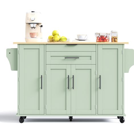 Îlot de cuisine mobile avec plan de travail extensible 120 x 45 cm, tiroir à couverts caché, rangements réglables, roulettes freinées, vert antique  CHICFURN (1/5)