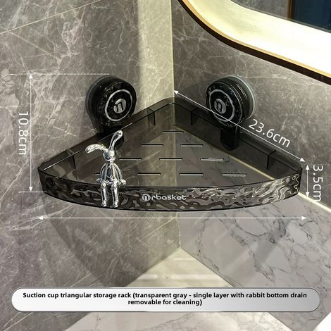 Étagère d'angle triangulaire transparente grise et argentée avec système de fixation mural, sans perçage, pour salle de bain ou toilettes. (1/5)