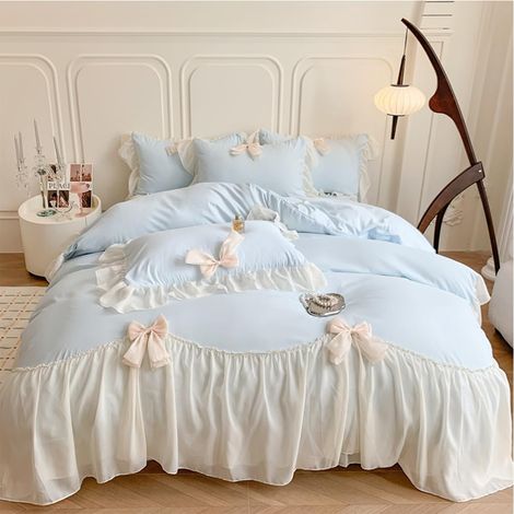 Parure de lit en Dentelle pour Filles, Housse de Couette de Style Princesse française Romantique à Volants avec nœud et Fermeture éclair, Bleu, lit Simple (1/5)