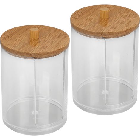 Lot de 2 pots apothicaires transparents, organiseur cotons et bâtonnets avec couvercle en bambou, empilable, rangement salle de bain, élégant et pratique (1/5)