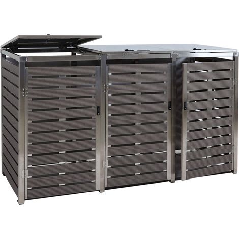 Abri poubelles triple 200 x 85 cm hauteur 120 cm bois composite anthracite acier inoxydable 040008234