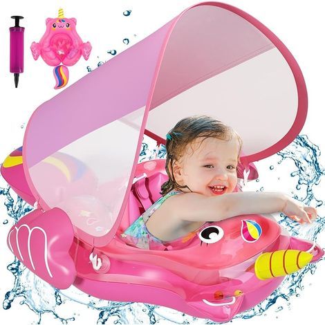 Bouee Bebe Anneau de Bain, avec Auvent de Protection Solaire UPF50+ Pliage Compressible Flotteur de Piscine pour Bébé avec Réglable Taille Bague de Natation pour Enfant (1/4)