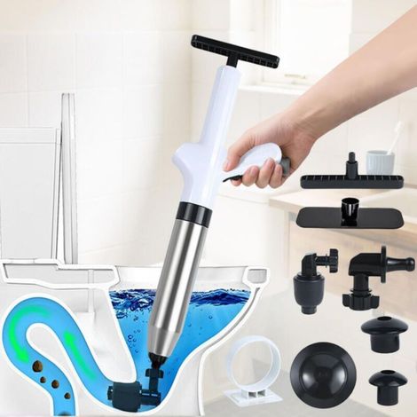 Déboucheur Canalisation Haute Pression, Déboucheur Wc Air Comprimé avec 4 Différentes Ventouses, Piston de Toilette(Blanc) (1/5)