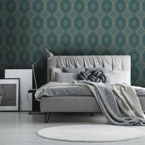 Papier peint intissé art déco 1005 x 52 cm – Motif géométrique vert – Surface couverte 5,2 m² – Entretien facile avec éponge humide – WOW