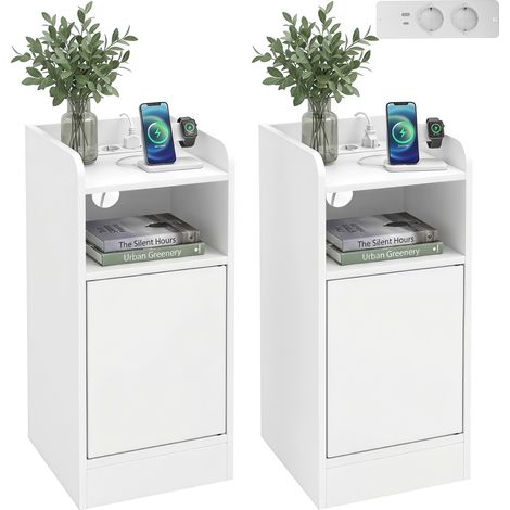 HOMCOM 2 mesitas de noche estrechas con estación de carga, mesillas de noche dormitorio con puerta, compartimento abierto, estante ajustable, blanco (1/5)