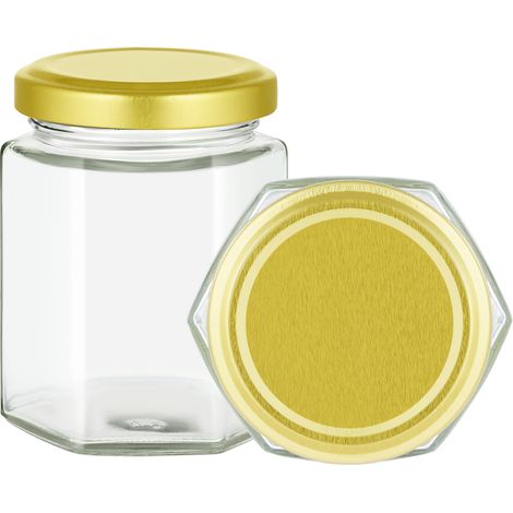 196ml/7oz Jam Jars with Lids Pack of 24 Hexagonal Jam Jars Glass Honey Jars Pickles Chutneys Storage with Screw Gold Lids