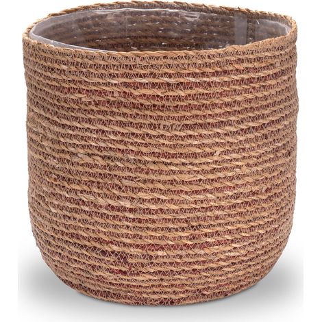 Pot de Fleurs en Jonc de Mer - 1 Pièce - Tressage Naturel Style Boho - Cache-Pot avec Insert Imperméable - Intérieur Salon Cuisine - 30 cm Rouge