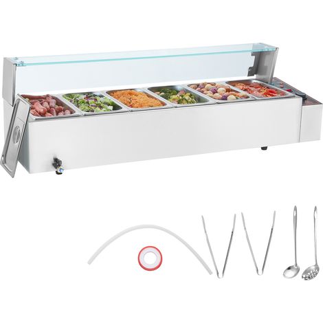 VEVOR Scaldavivande Commerciale con 6 Recipienti (5,5 L / 1/3 Dimensioni Ciascuno) Tavolo a Vapore Elettrico con Copertura in Vetro 1500 W Scaldavivande da Tavolo, Controllo della Temperatura 30-85 °C (1/5)