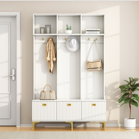 Garderobenset mit Bank, multifunktionale Aufbewahrungsbank, offene Aufbewahrung, 6 goldene Haken & Füße, für Flur & Wohnzimmer, Weiß, B120/D40/H191,5 cm