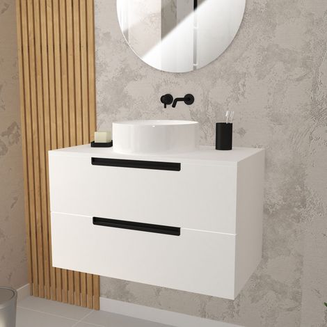 meuble salle de bains 80 cm blanc laque a suspendre - 2 tiroirs - vasque blanche 36 cm (1/5)