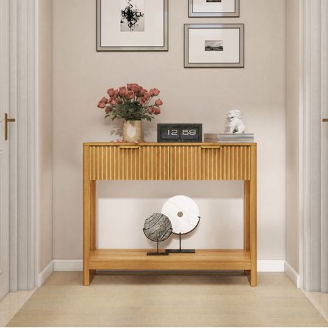 MODFU – Console 100x29,5x81,5 cm bois d'ingénierie – 2 tiroirs et étagère ouverte – Charge 45 kg – Entrée – Chêne (1/5)