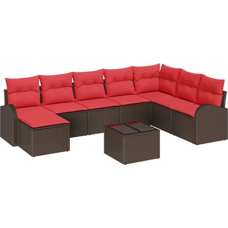 Sofa Set mit Kissen 9 pcs Braun und Rot Poly-Rattan vidaXL