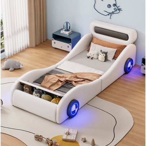 Letto singolo per bambini a forma di auto 90x200 cm in PU e MDF bianco con ruote luminose (1/5)