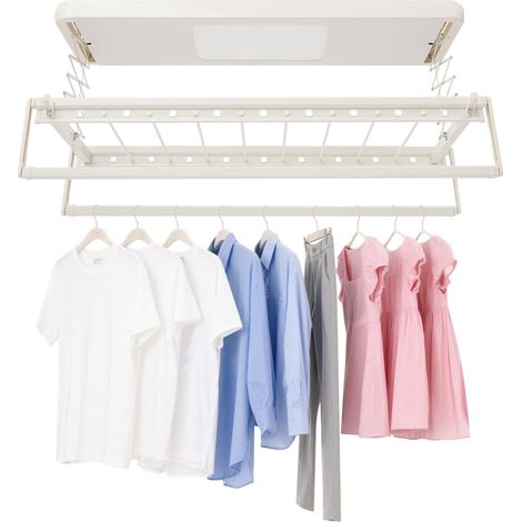 Séchoir à linge électrique pour plafond – Étendoir à linge avec télécommande et éclairage LED – charge 35 kg – Tringle extensible 130-215 cm – Gain de place – Blanc cassé (1/5)