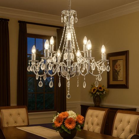 Globo – Lustre 9 flammes en métal chromé – Douilles E14 – Cristaux acryliques – Diamètre 63 cm – Hauteur 153 cm – Pour salon et salle à manger