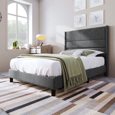 Polsterbett 90x200 cm mit Lattenrost und gepolstertem Kopfteil, Jugendbett aus Leinenstoff in Grau, modernes Design für Schlafzimmer (1/5)