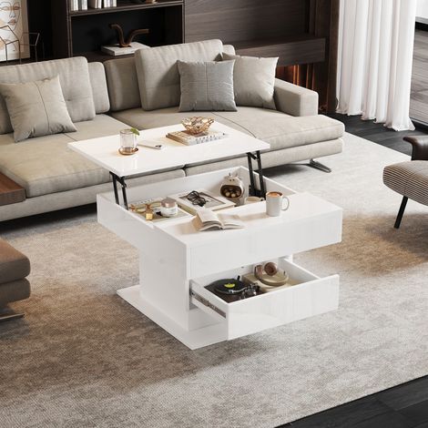 table salon repas relevable avec rangement 70x70 blanc OKMYHOME (1/5)