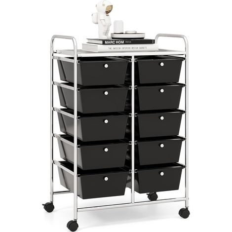 GOPLUS Chariot de Rangement 10 Tiroirs, Tiroir Détachable, Tour de Rangement à 4 Roulettes, 2 avec Frein, Noir+ Argent