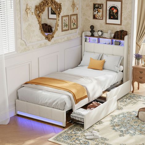 Cama con almacenaje 90x200 cm, cama individual con 2 cajones, cabecero con almacenaje, USB, USB-C, iluminación LED y somier de lamas - Beige (1/5)