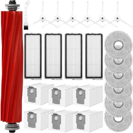 Kit de 24 Accessoires pour Roborock Qrevo Pro/Qrevo S/Qrevo MaxV, 1 Brosse Principale, 6 Sacs à Poussière, 6 Serpillières, 4 Filtres HEPA, 6 Brosses Latérales, 1 Brosse de Nettoyage
