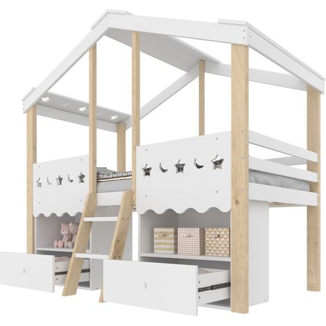 Lit mi-hauteur cabane enfant 90x200 cm en bois, avec 2 tiroirs, LED, blanc et naturel, sans matelas, pour chambre d'enfant – CHICFURN (1/5)