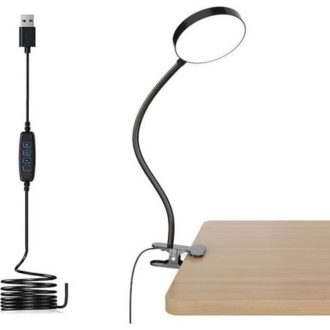 Lámpara de clip con adaptador, 3 colores y 10 niveles de brillo, lámpara de escritorio con cable USB, lámpara de lectura para leer en la cama, lámpara flexible para PC, color negro [Clase energética G (1/4)