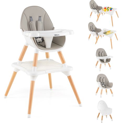 Chaise haute évolutive grise en bois 5 en 1 avec coussin amovible, harnais 5 points et plateau réglable pour repas et jeux (1/5)