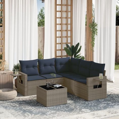 Ensemble salon de jardin 6 pièces en rotin PE gris avec coussins et table en verre - PANGIVO (1/5)