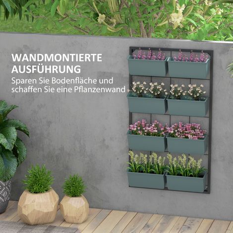 Support mural pour plantes avec 8 jardinières empilables, extérieur, résistant aux intempéries, dimensions 52,5 x 14 x 90 cm, coloris gris et noir (1/4)