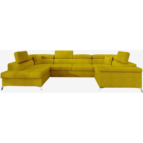 Canapé panoramique convertible TRIANO tissu - Coffre de rangement et têtières réglables-Jaune olive-Coffre à gauche (1/5)