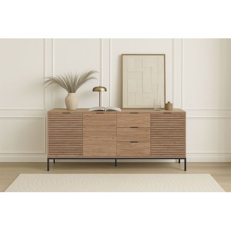 Bobochic – Buffet 3 portes 3 tiroirs 180 cm – Effet chêne moderne – Panneaux de particules – Pieds en métal – Fabrication Europe (1/5)