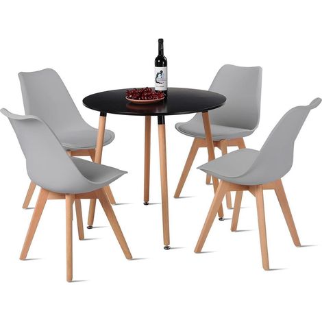 Esstisch-Set mit 4 Stühlen, skandinavisch, rund, Holz, 80 cm, Schwarz + Grau (1/5)