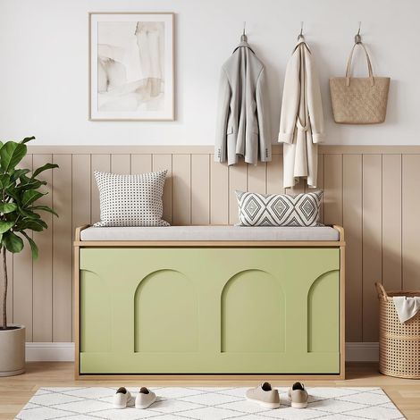 UEV Banc à Chaussures Entrée Inclinable, Banc d'entrée, Design à Motif Arqué, Étagères Réglables, Coussin 4 cm Épais, pour Entrée, Couloir, 80 x 26 x 47,5cm, Naturel et Vert (1/5)