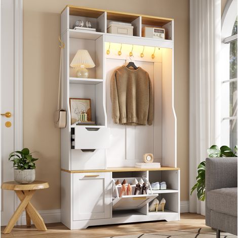 Mobile ingresso 100x32x186 cm in MDF bianco con seduta e vano scarpe – MEUBLIV (1/5)