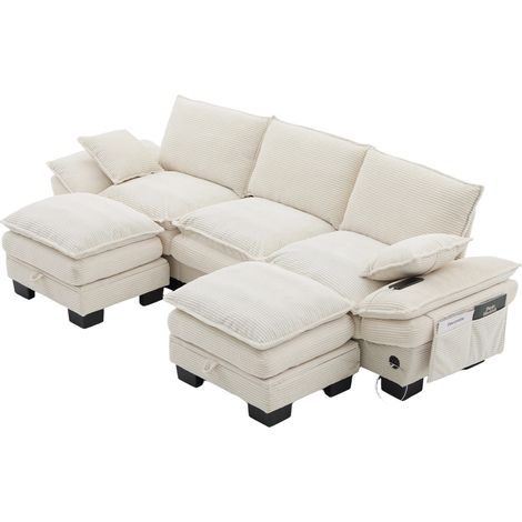 Canapé modulable 3 places avec 2 ottomanes en velours côtelé beige, surface d'assise large et design ergonomique (1/5)