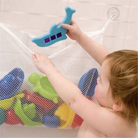 Organisateur de sac de rangement en filet pour jouets de bain et baignoire bébé, avec ventouses et deux crochets ultra-résistants. (1/5)